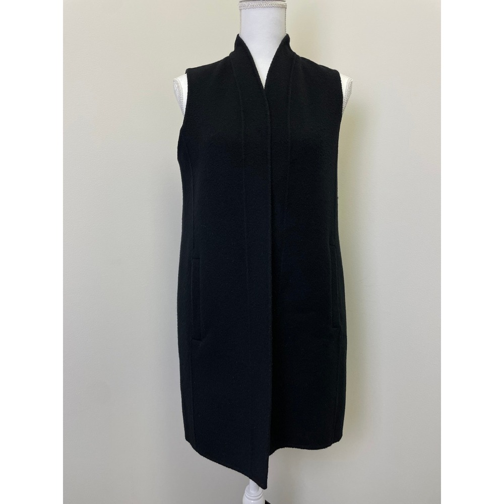 Eileen Fisher Petite Black Boiled Wool Open Front Long Vest XXS Quiet Luxury